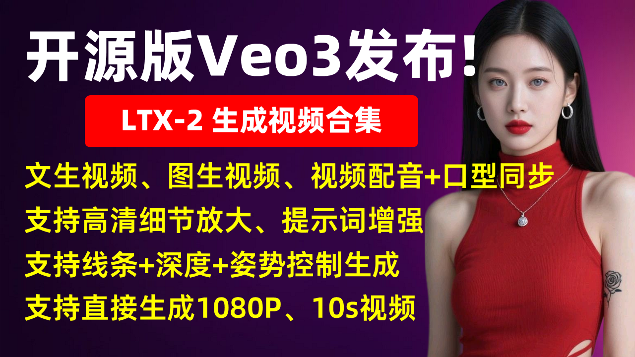 开源版Veo3！LTX2-视频生成合集，文生视频、图生视频、视频人物配音+口型同步、直出1080P，高清细节放大、提示词增强、支持线条+深度+姿势控制！