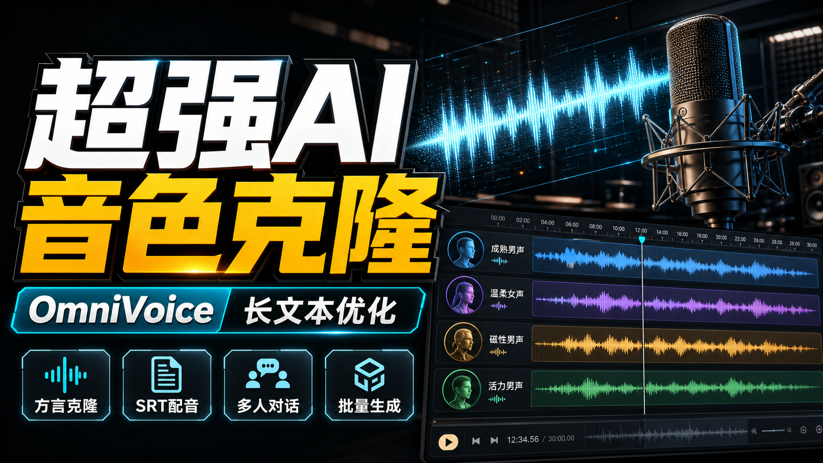 超强AI音色克隆,OmniVoice长文本优化!音色克隆 | 各地方言 | 音色保存 | 多音字 | SRT字幕生成语音 | 多人对话 | 批量生成
