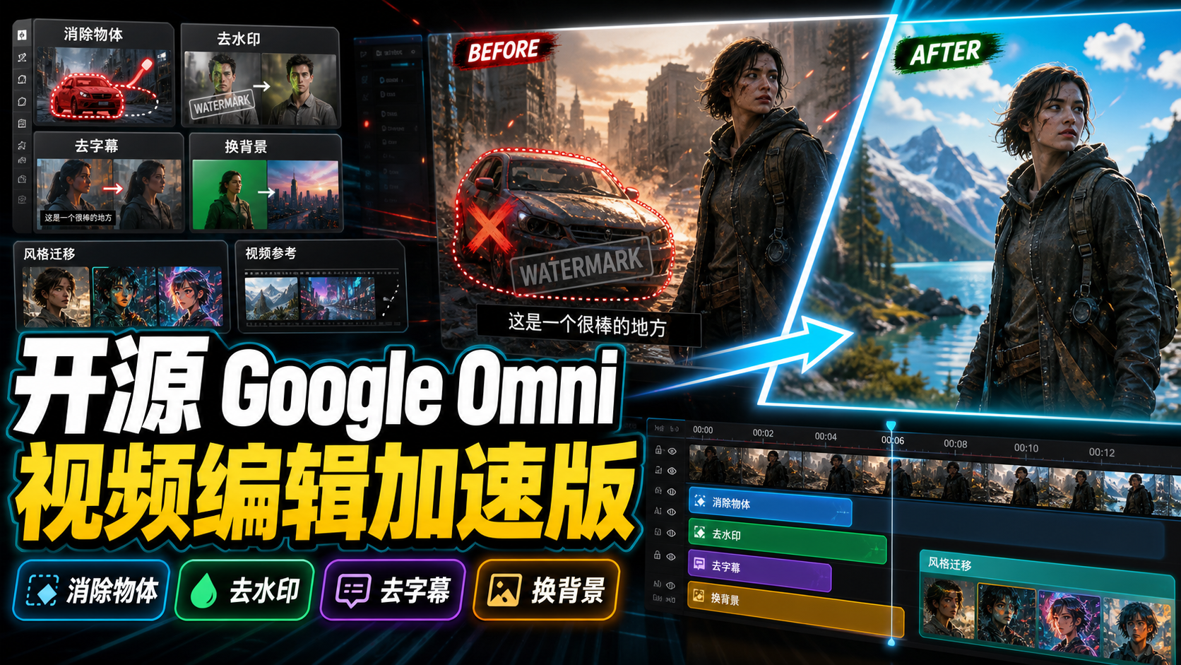 开源版Google Omni,视频编辑加速版,视频元素添加+删除+修改 | 视频消除物体 | 去水印 | 去字幕 | 换背景 | 风格转换 | 视频参考