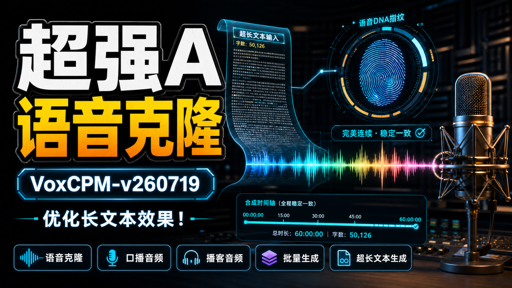 超强AI语音克隆,VoxCPM-v260719,优化长文本效果!语音克隆 | 口播音频 | 播客音频 | 批量生成 | 超长文本生成