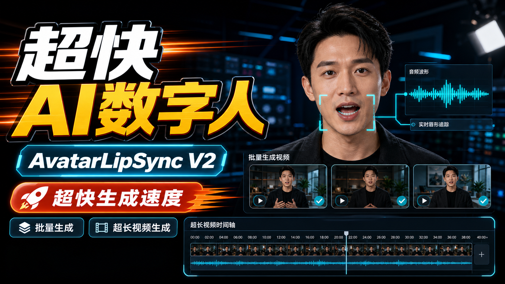 超快AI数字人,AvatarLipSync V2版,超快生成速度!支持批量生成、超长视频生成