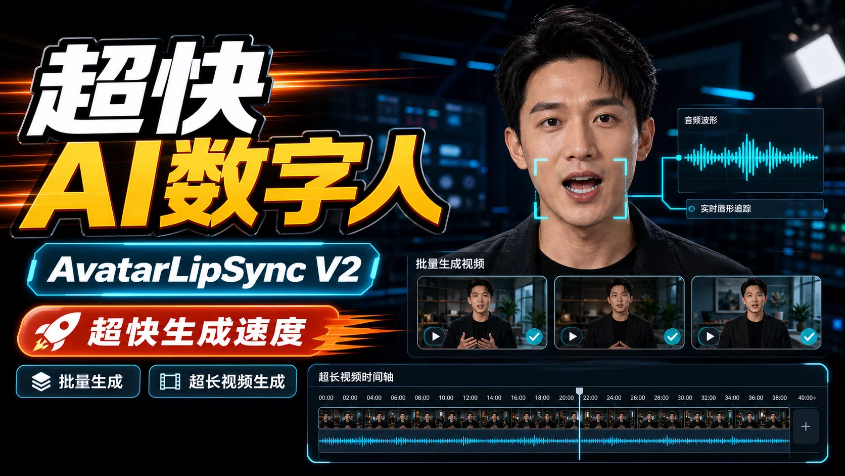 超快AI数字人，AvatarLipSync V2版，超快生成速度！支持批量生成、超长视频生成