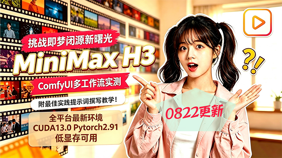MiniMax-H3,0804更新最新官方加速版,409024G可用,即梦SD2.0平替! - 社恐的知识树发布的AI模型镜像,标签:ComfyUI、视频生成